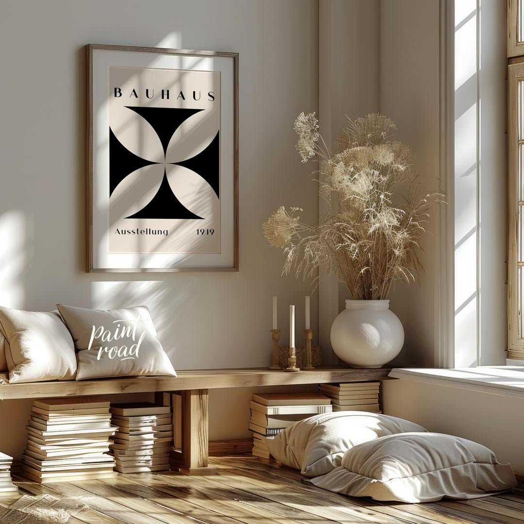 A quintessential example of Bauhaus design, this poster features a bold, graphic black quatrefoil s… for living room