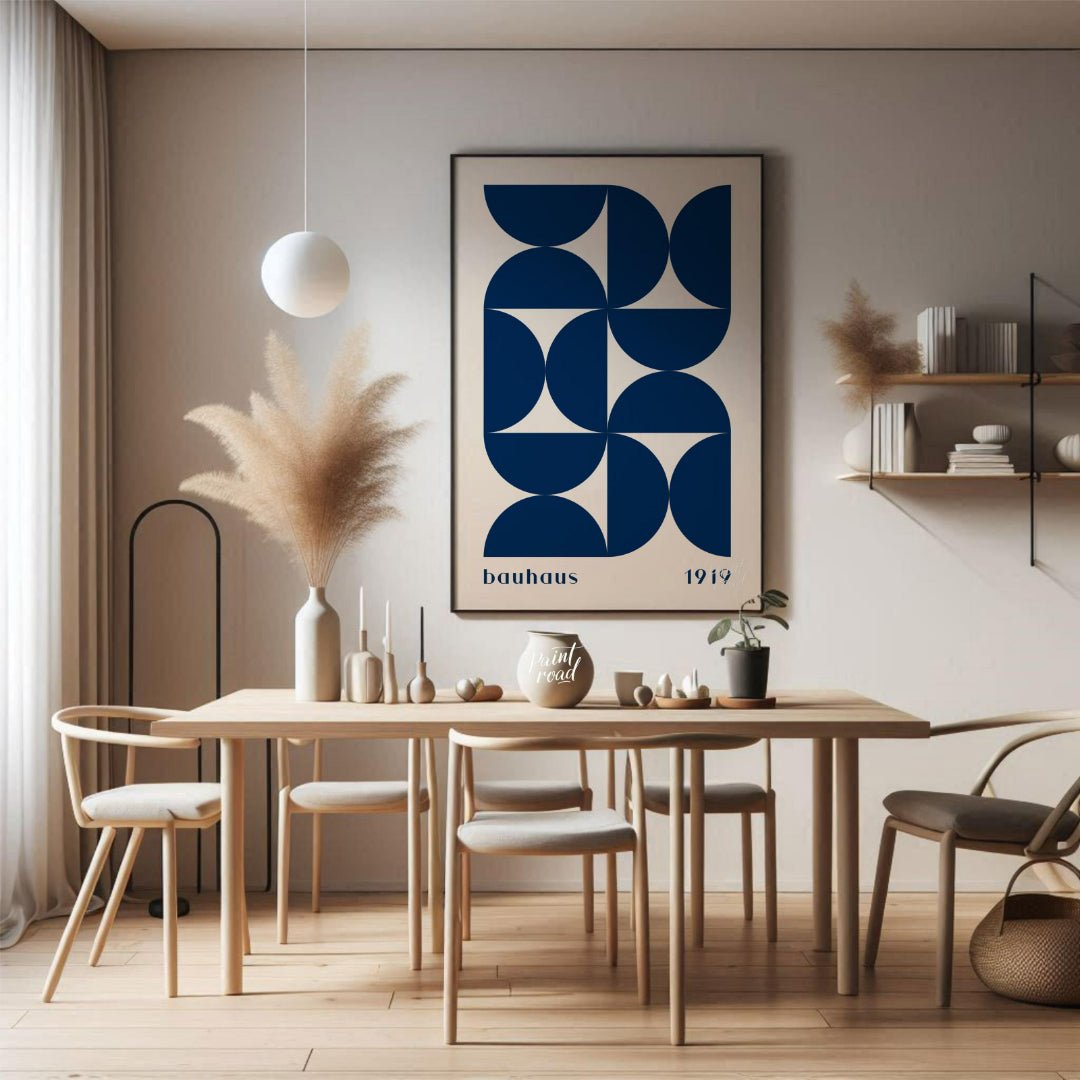 This poster beautifully captures the essence of Bauhaus design with its rhythmic arrangement of dee… for dining room