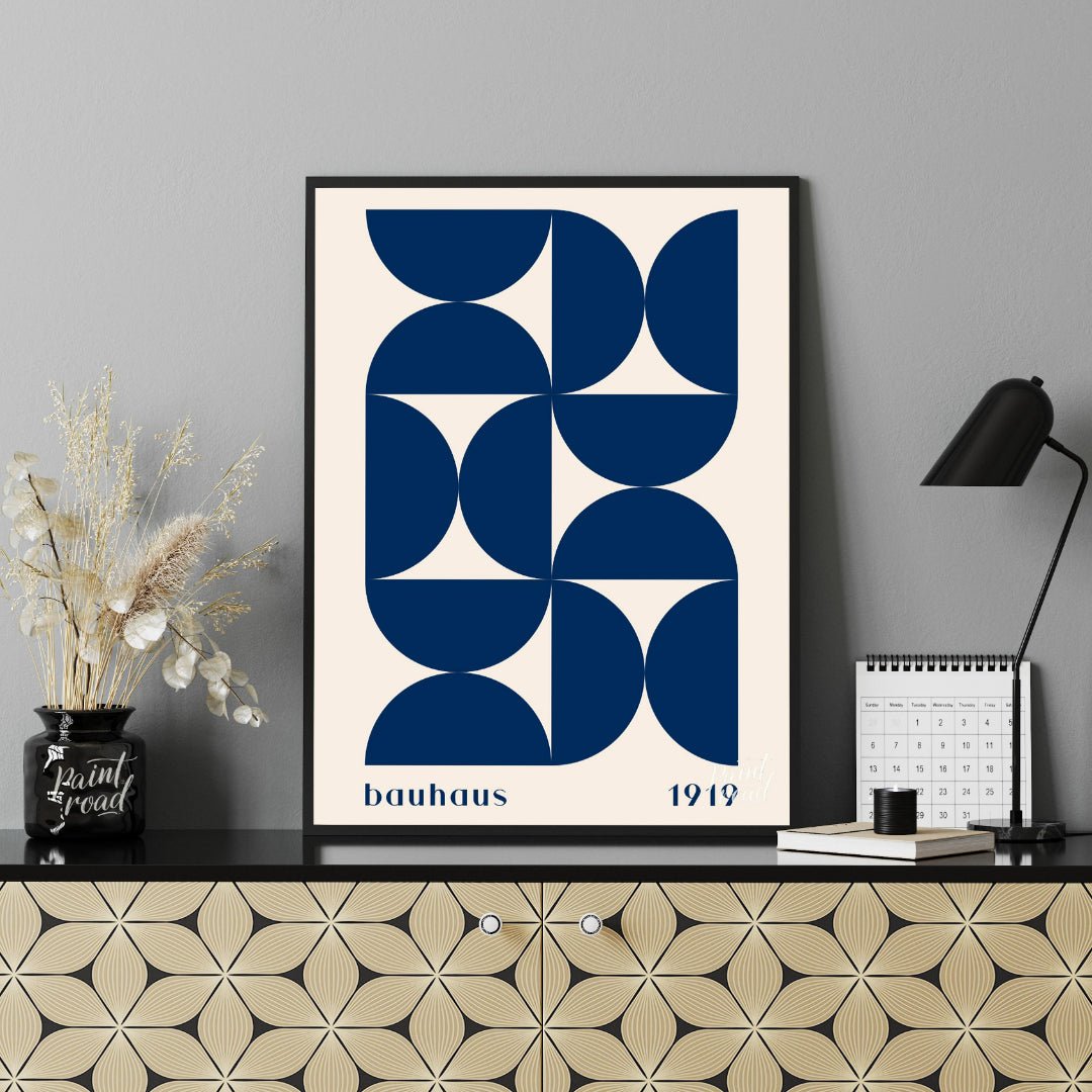 This poster beautifully captures the essence of Bauhaus design with its rhythmic arrangement of dee… for office