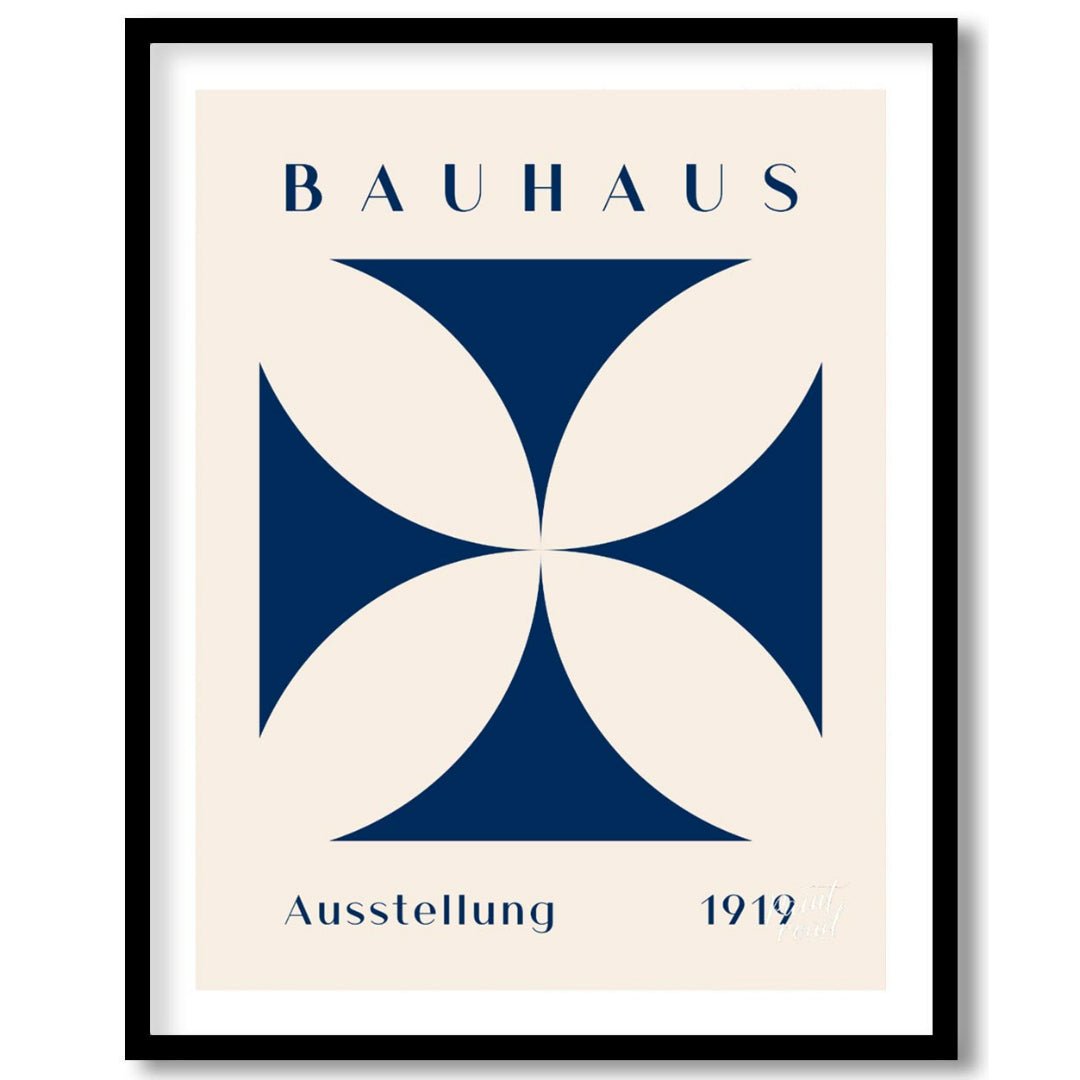This Bauhaus-inspired poster features a striking quatrefoil design in a deep, elegant blue, contras… for abode