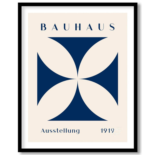 This Bauhaus-inspired poster features a striking quatrefoil design in a deep, elegant blue, contras… for abode