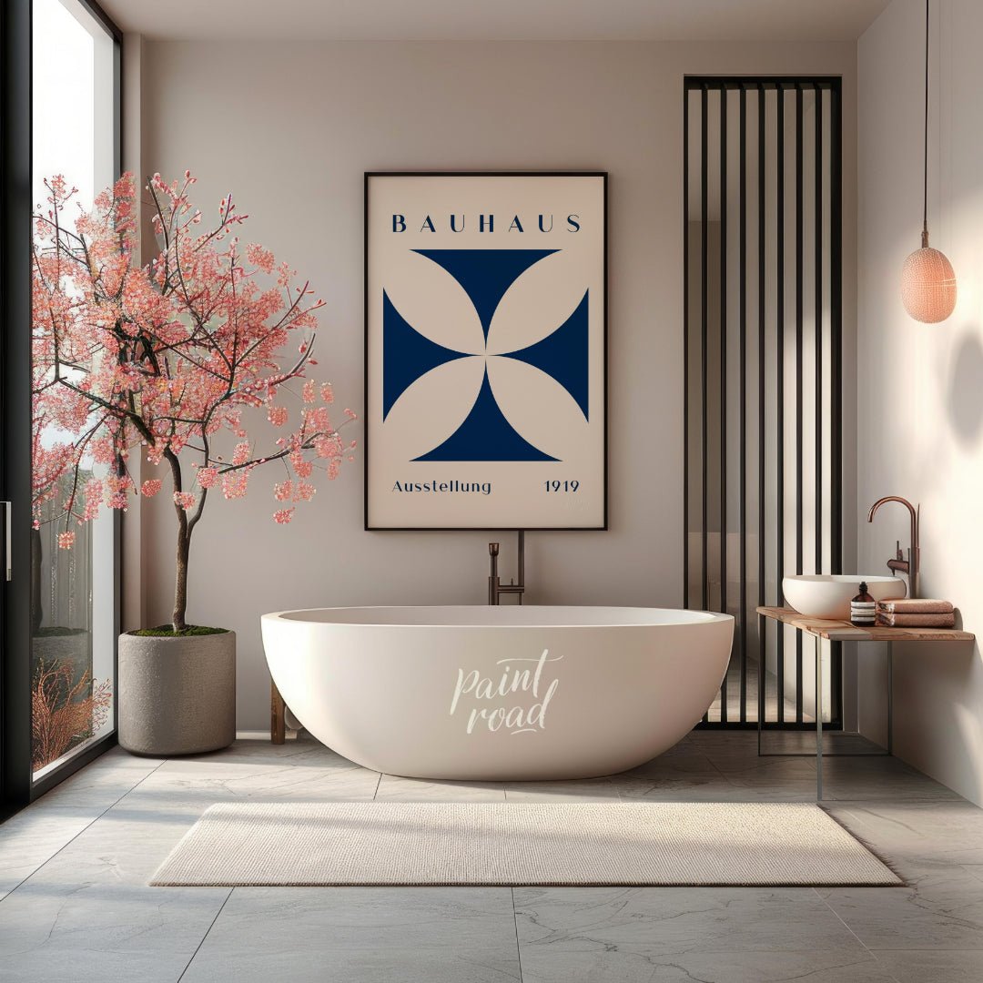 This Bauhaus-inspired poster features a striking quatrefoil design in a deep, elegant blue, contras… for bathroom
