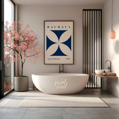 This Bauhaus-inspired poster features a striking quatrefoil design in a deep, elegant blue, contras… for bathroom