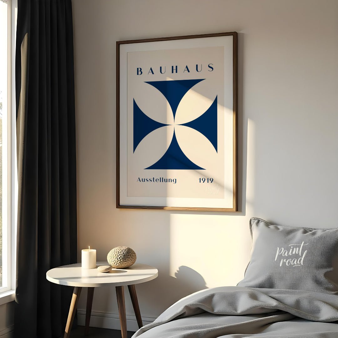 This Bauhaus-inspired poster features a striking quatrefoil design in a deep, elegant blue, contras… for bedroom
