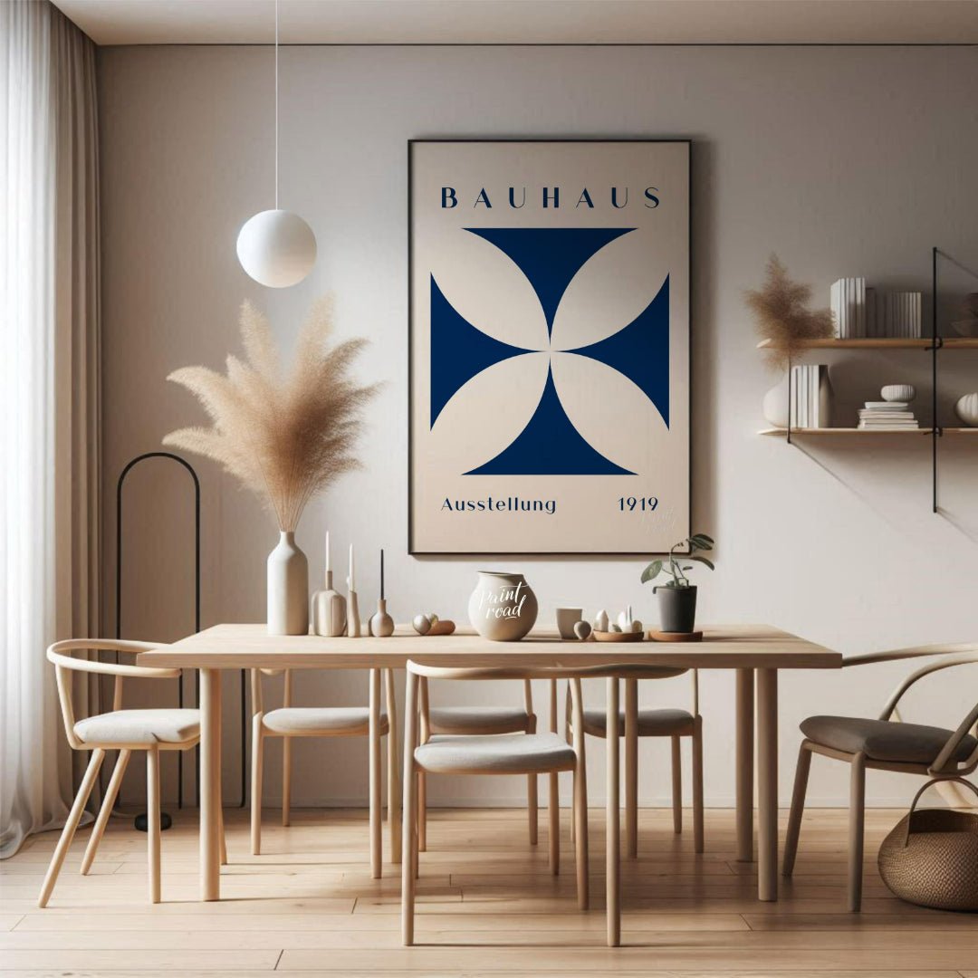 This Bauhaus-inspired poster features a striking quatrefoil design in a deep, elegant blue, contras… for dining room