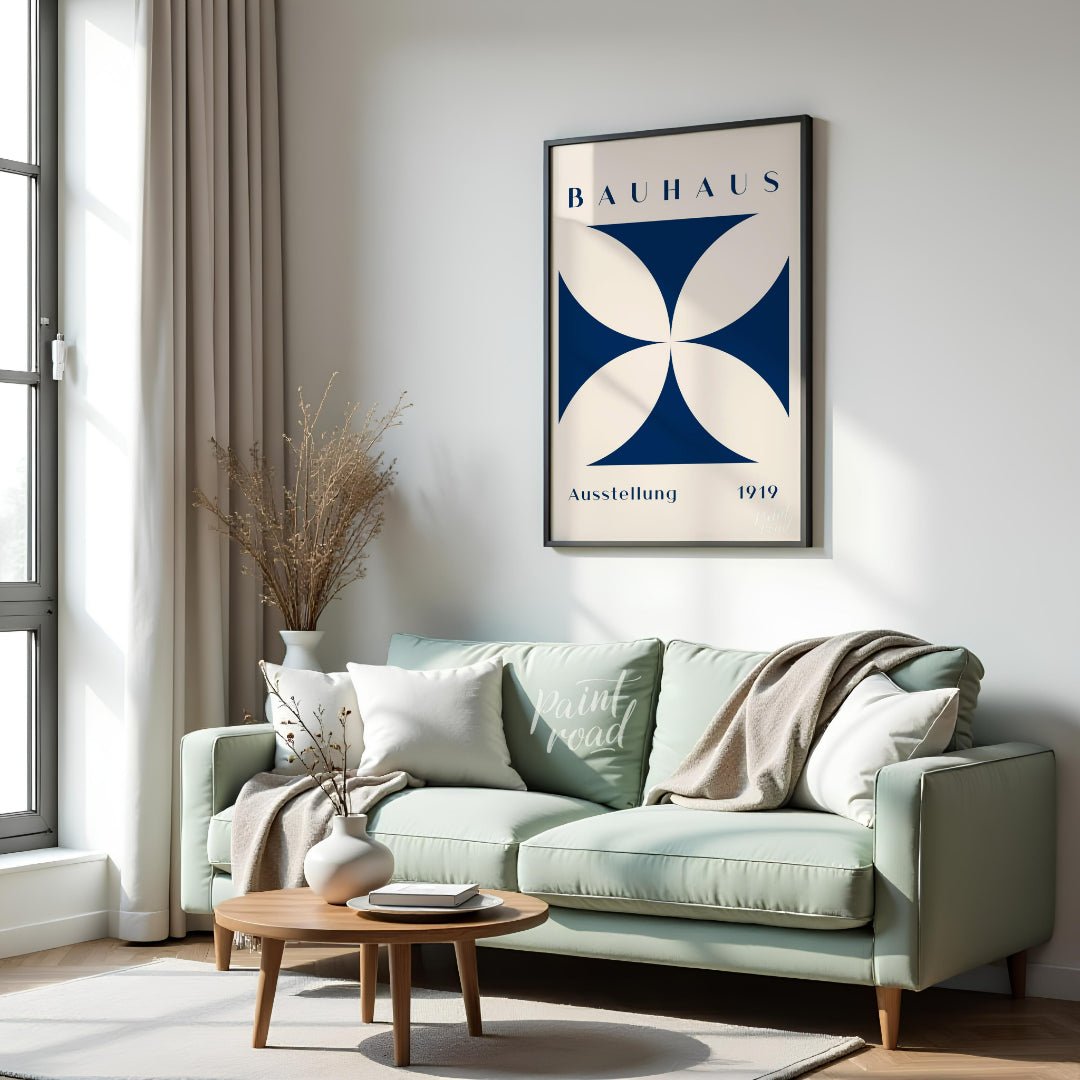 This Bauhaus-inspired poster features a striking quatrefoil design in a deep, elegant blue, contras… for living room