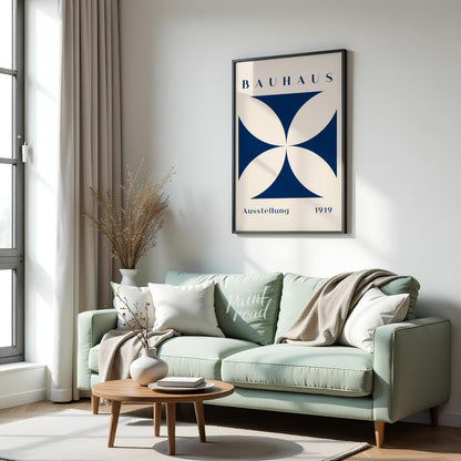 This Bauhaus-inspired poster features a striking quatrefoil design in a deep, elegant blue, contras… for living room