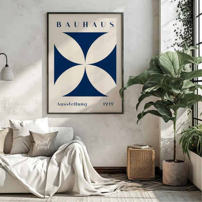 This Bauhaus-inspired poster features a striking quatrefoil design in a deep, elegant blue, contras… for living room