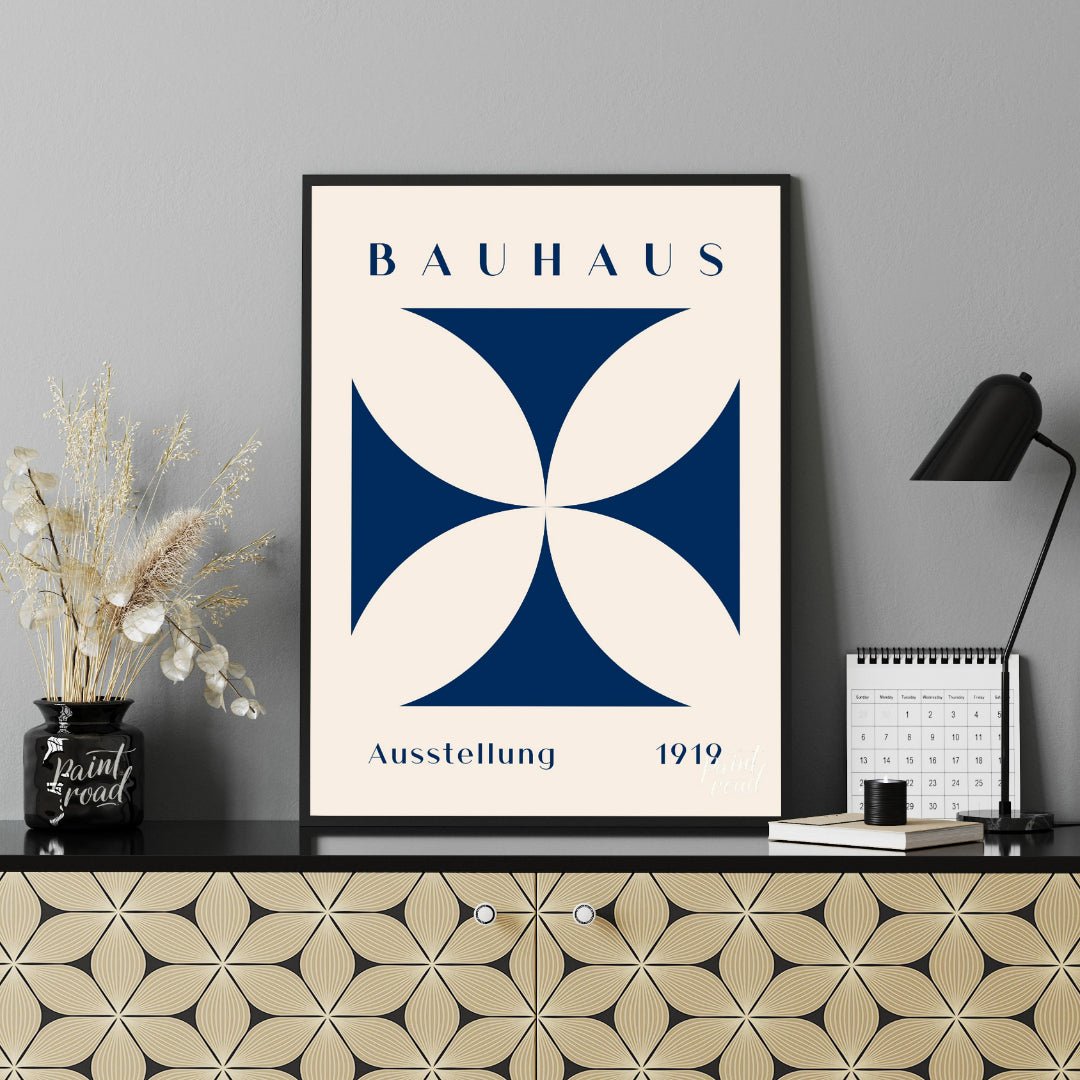 This Bauhaus-inspired poster features a striking quatrefoil design in a deep, elegant blue, contras… for office