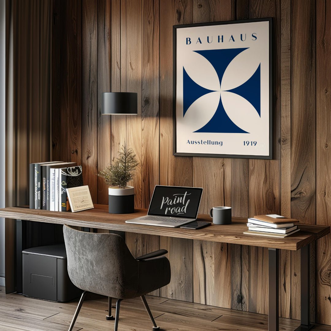This Bauhaus-inspired poster features a striking quatrefoil design in a deep, elegant blue, contras… for office