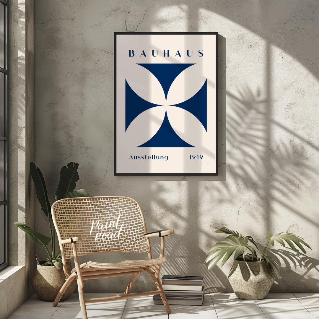 This Bauhaus-inspired poster features a striking quatrefoil design in a deep, elegant blue, contras… for other