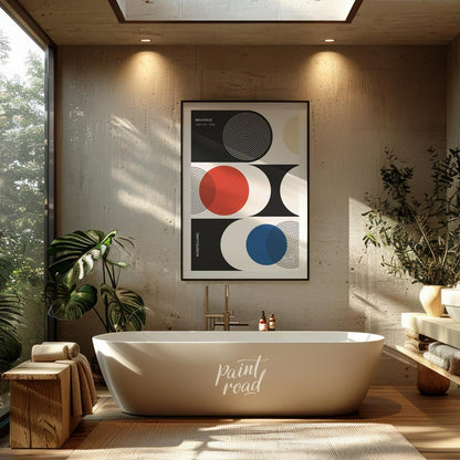 This sophisticated Bauhaus-inspired poster presents a harmonious arrangement of circular and semi-c… for bathroom