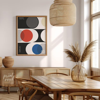 This sophisticated Bauhaus-inspired poster presents a harmonious arrangement of circular and semi-c… for dining room