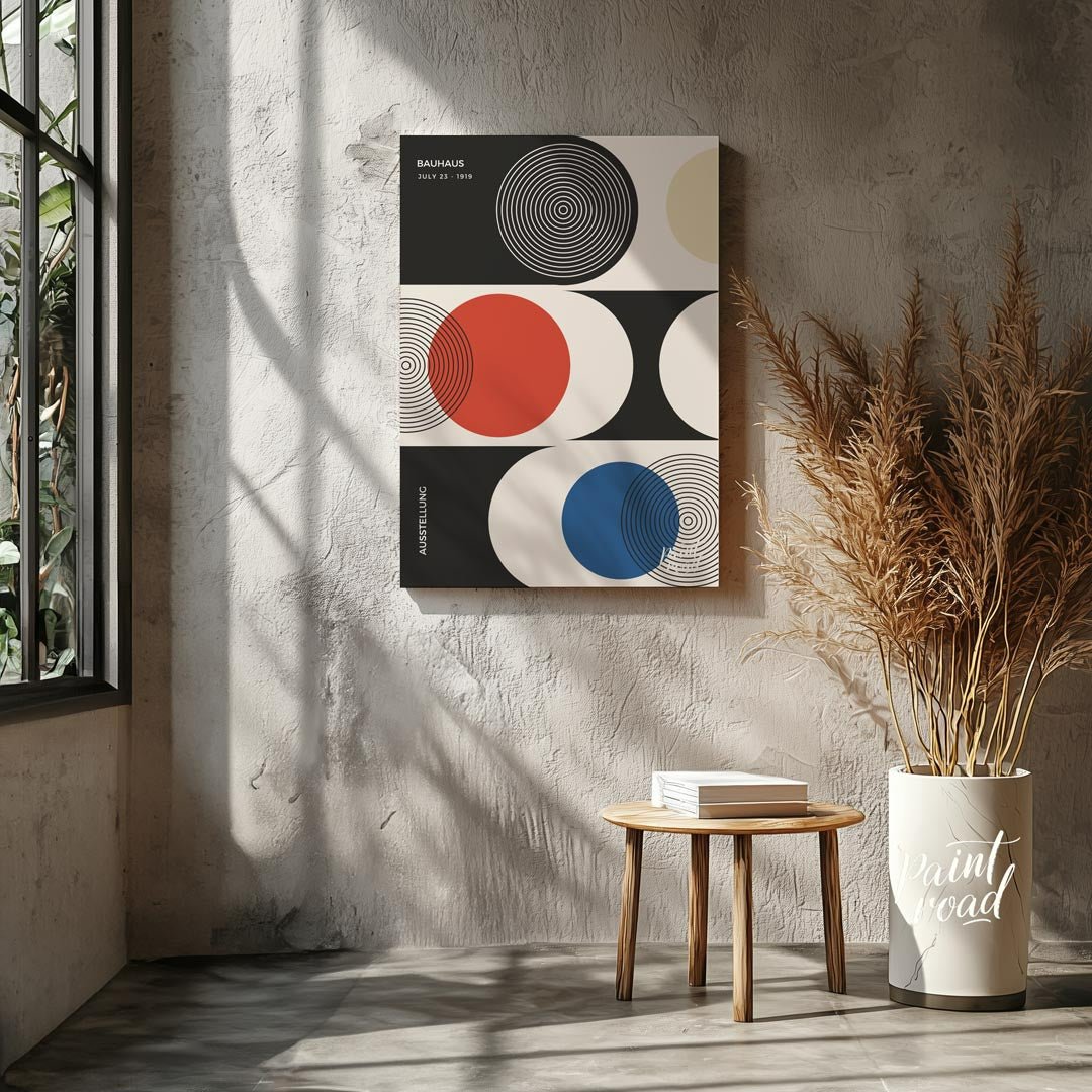 This sophisticated Bauhaus-inspired poster presents a harmonious arrangement of circular and semi-c… for entryway