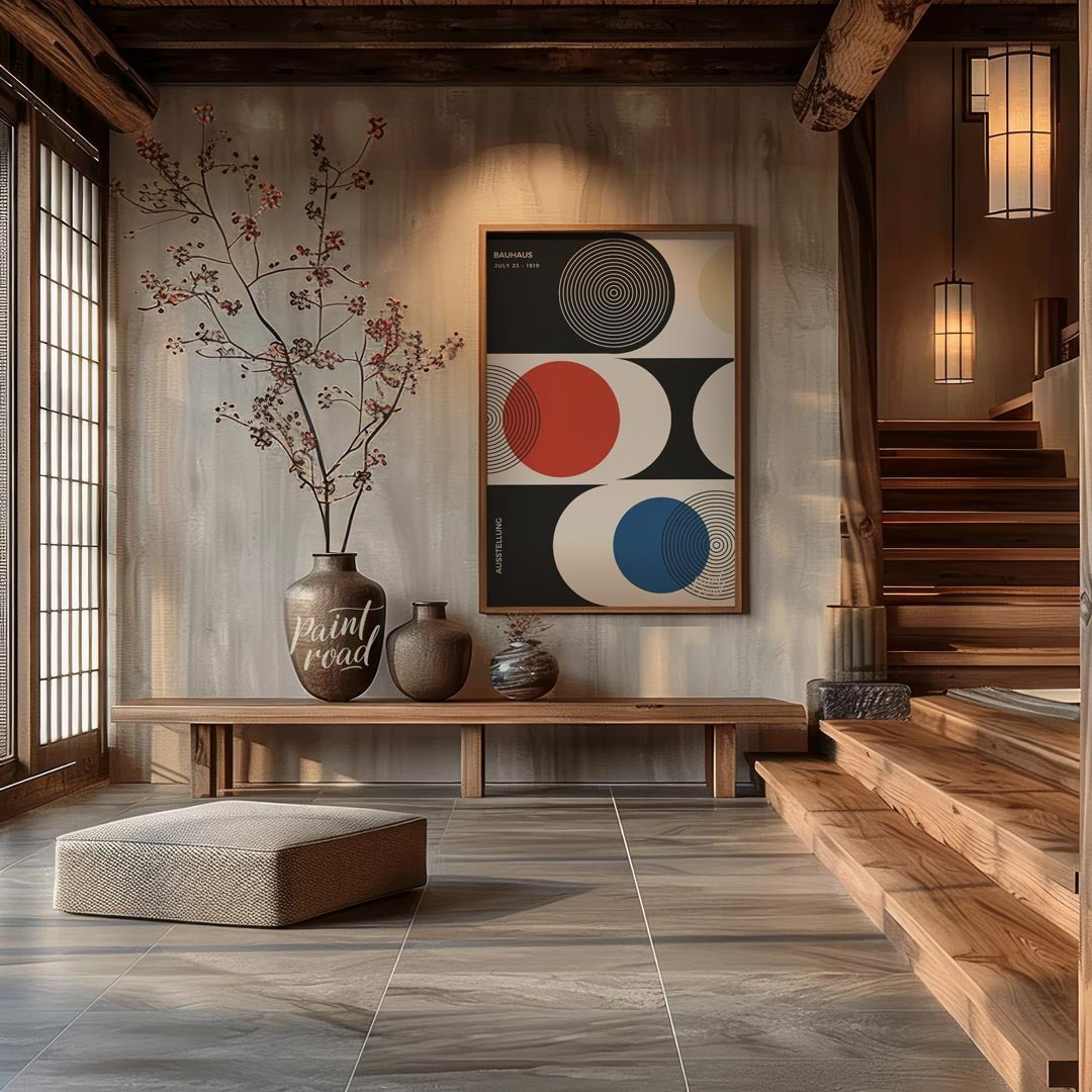 This sophisticated Bauhaus-inspired poster presents a harmonious arrangement of circular and semi-c… for entryway