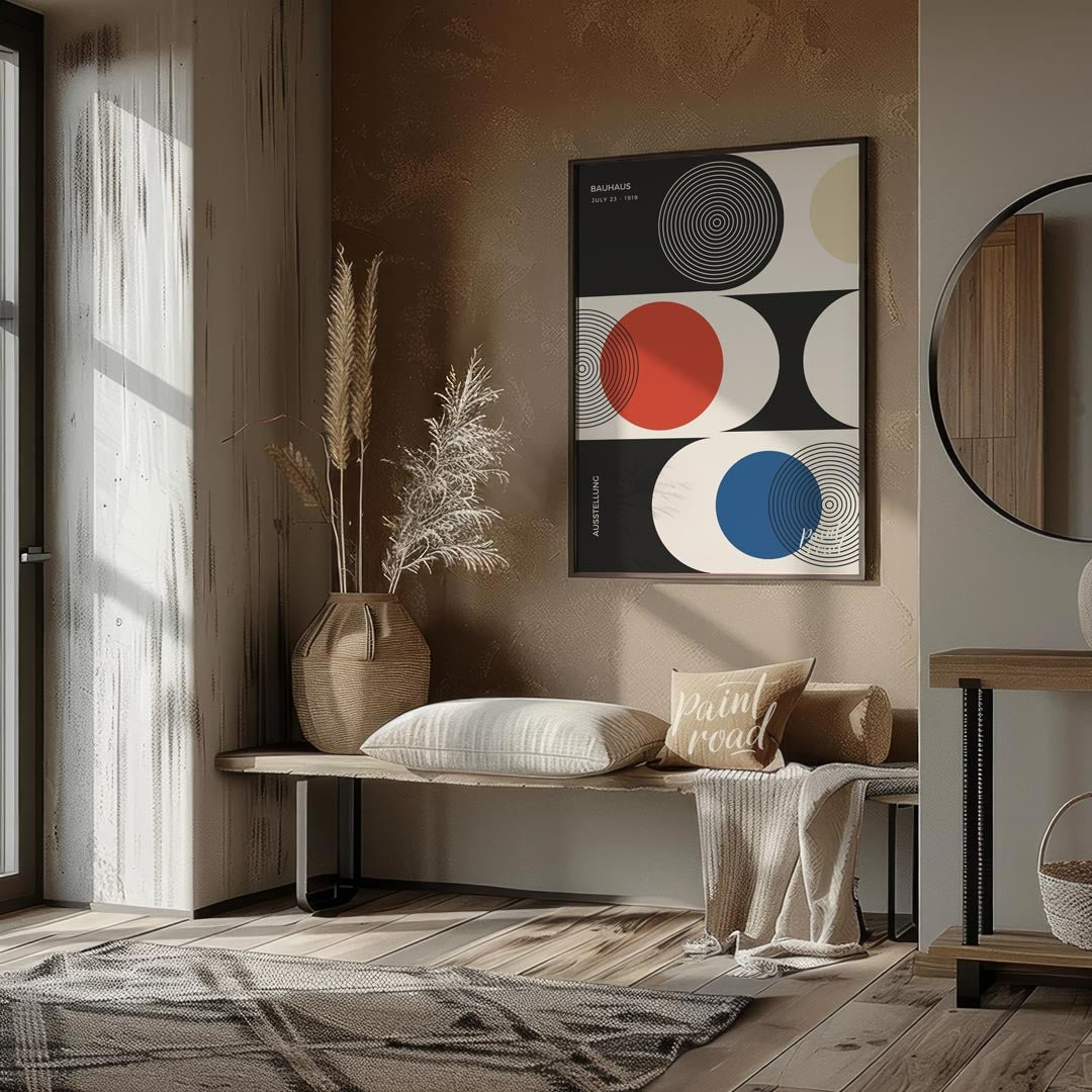This sophisticated Bauhaus-inspired poster presents a harmonious arrangement of circular and semi-c… for entryway