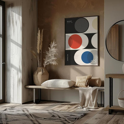 This sophisticated Bauhaus-inspired poster presents a harmonious arrangement of circular and semi-c… for entryway