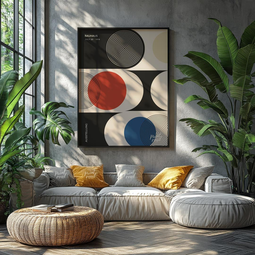 This sophisticated Bauhaus-inspired poster presents a harmonious arrangement of circular and semi-c… for living room