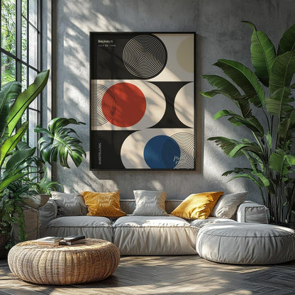 This sophisticated Bauhaus-inspired poster presents a harmonious arrangement of circular and semi-c… for living room