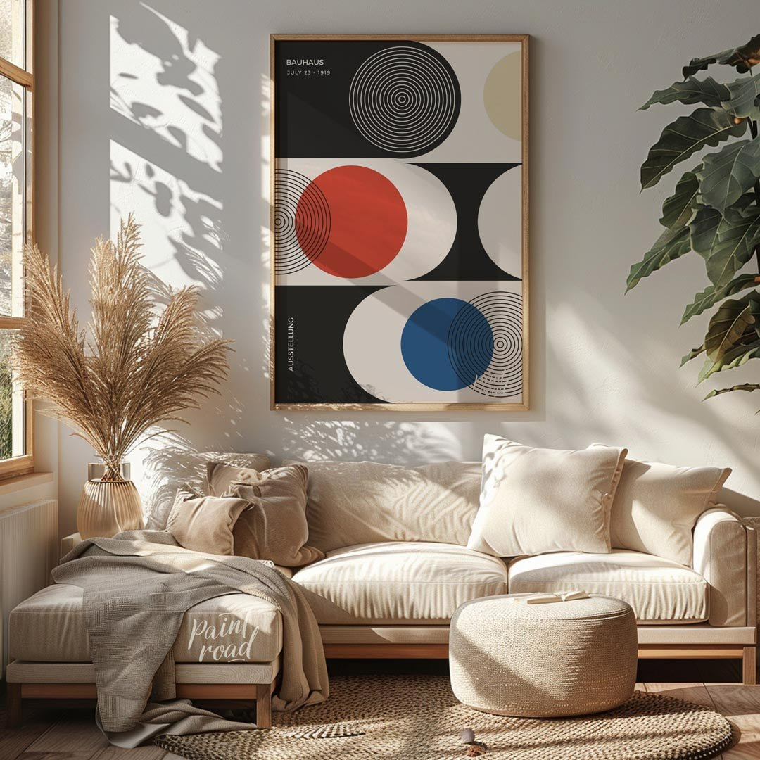This sophisticated Bauhaus-inspired poster presents a harmonious arrangement of circular and semi-c… for living room