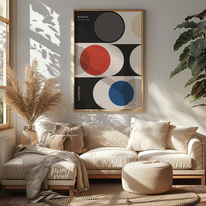 This sophisticated Bauhaus-inspired poster presents a harmonious arrangement of circular and semi-c… for living room