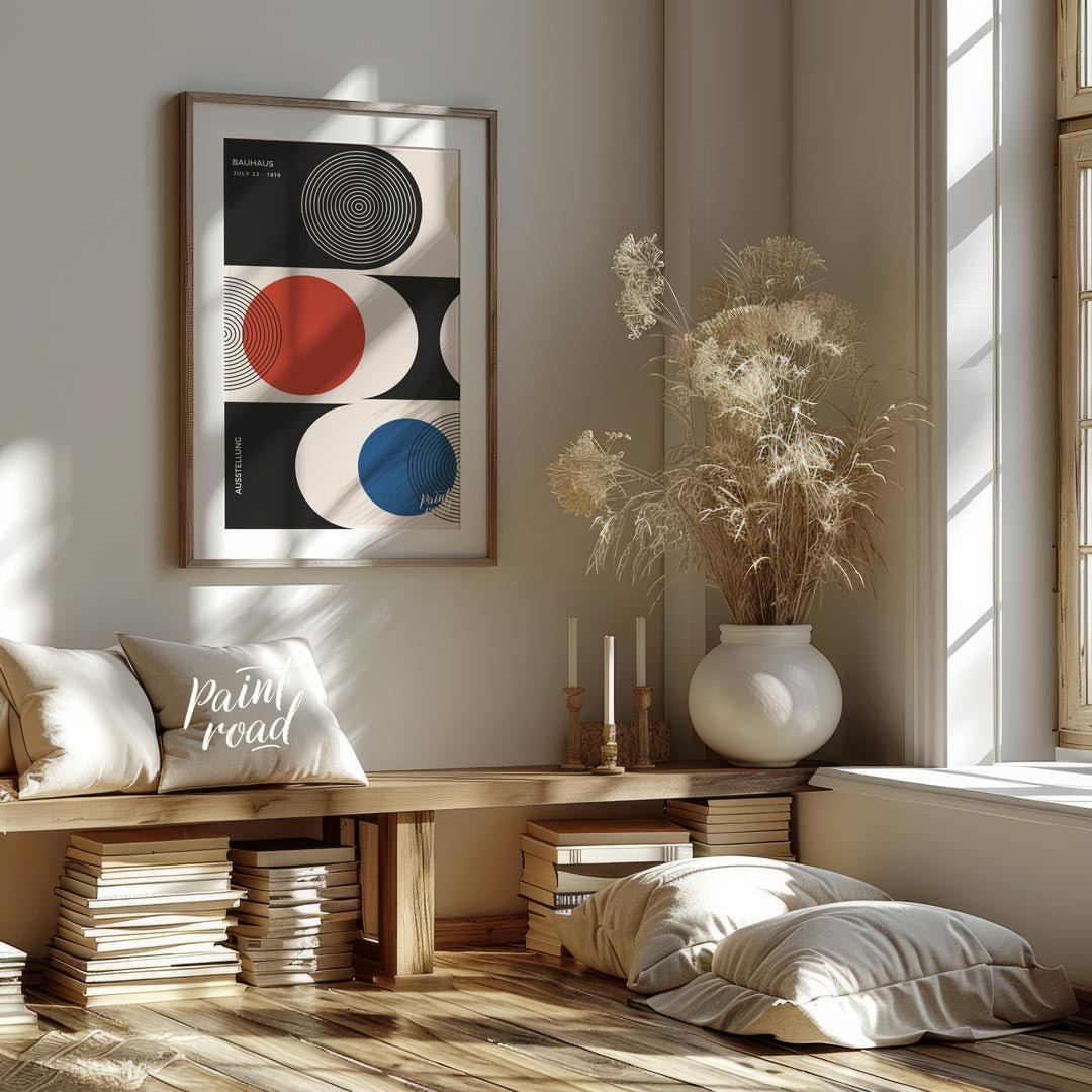 This sophisticated Bauhaus-inspired poster presents a harmonious arrangement of circular and semi-c… for living room