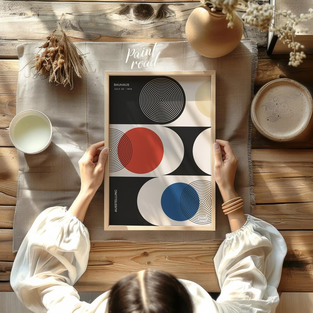 This sophisticated Bauhaus-inspired poster presents a harmonious arrangement of circular and semi-c… for other