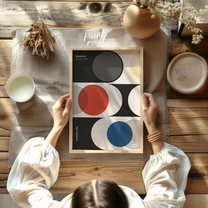 This sophisticated Bauhaus-inspired poster presents a harmonious arrangement of circular and semi-c… for other