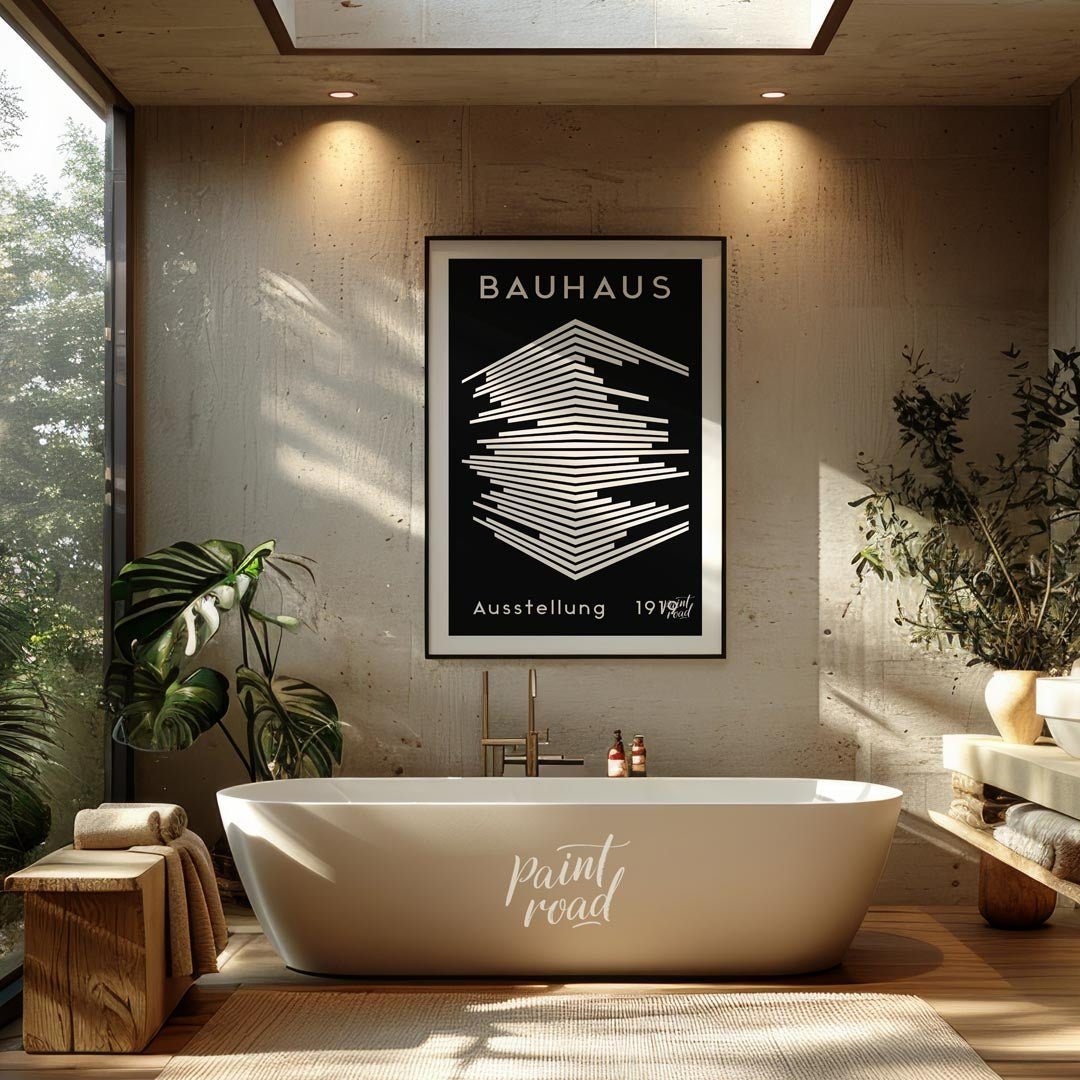 This striking image is a reproduction of a classic Bauhaus exhibition poster from 1919. Dominated b… for bathroom