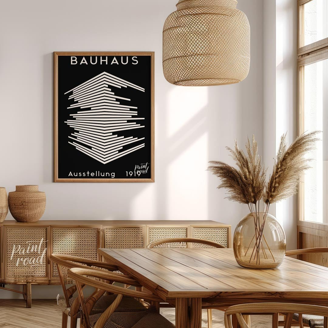 This striking image is a reproduction of a classic Bauhaus exhibition poster from 1919. Dominated b… for dining room