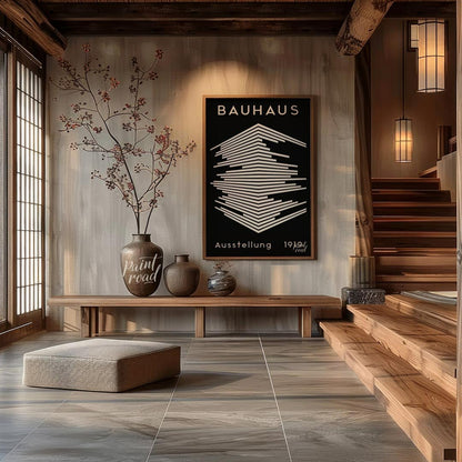 This striking image is a reproduction of a classic Bauhaus exhibition poster from 1919. Dominated b… for entryway