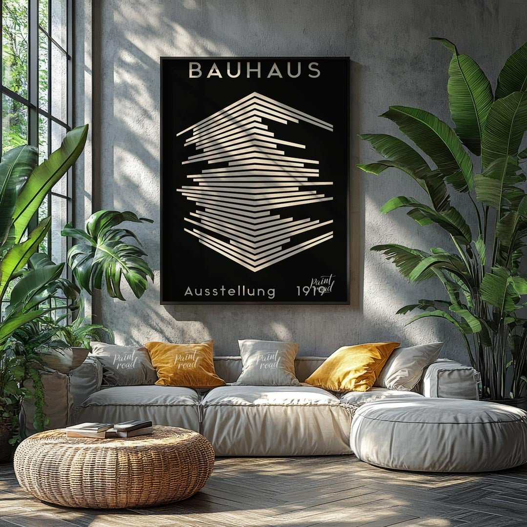 This striking image is a reproduction of a classic Bauhaus exhibition poster from 1919. Dominated b… for living room