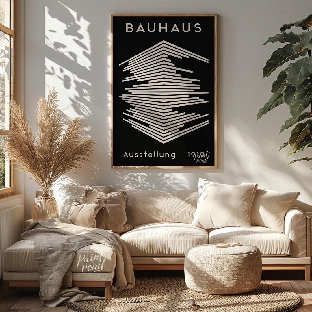 This striking image is a reproduction of a classic Bauhaus exhibition poster from 1919. Dominated b… for living room