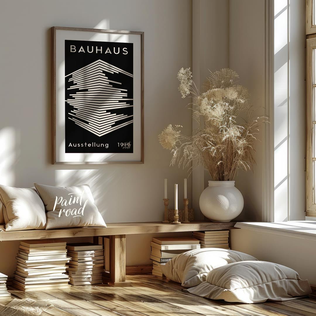 This striking image is a reproduction of a classic Bauhaus exhibition poster from 1919. Dominated b… for living room