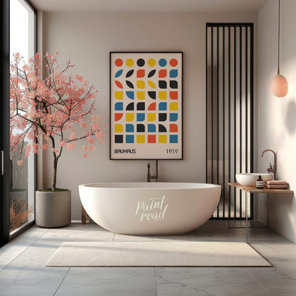 This vibrant digital poster, titled "Bauhaus 1919 Geometric Shapes Poster," is a brilliant embodime… for bathroom