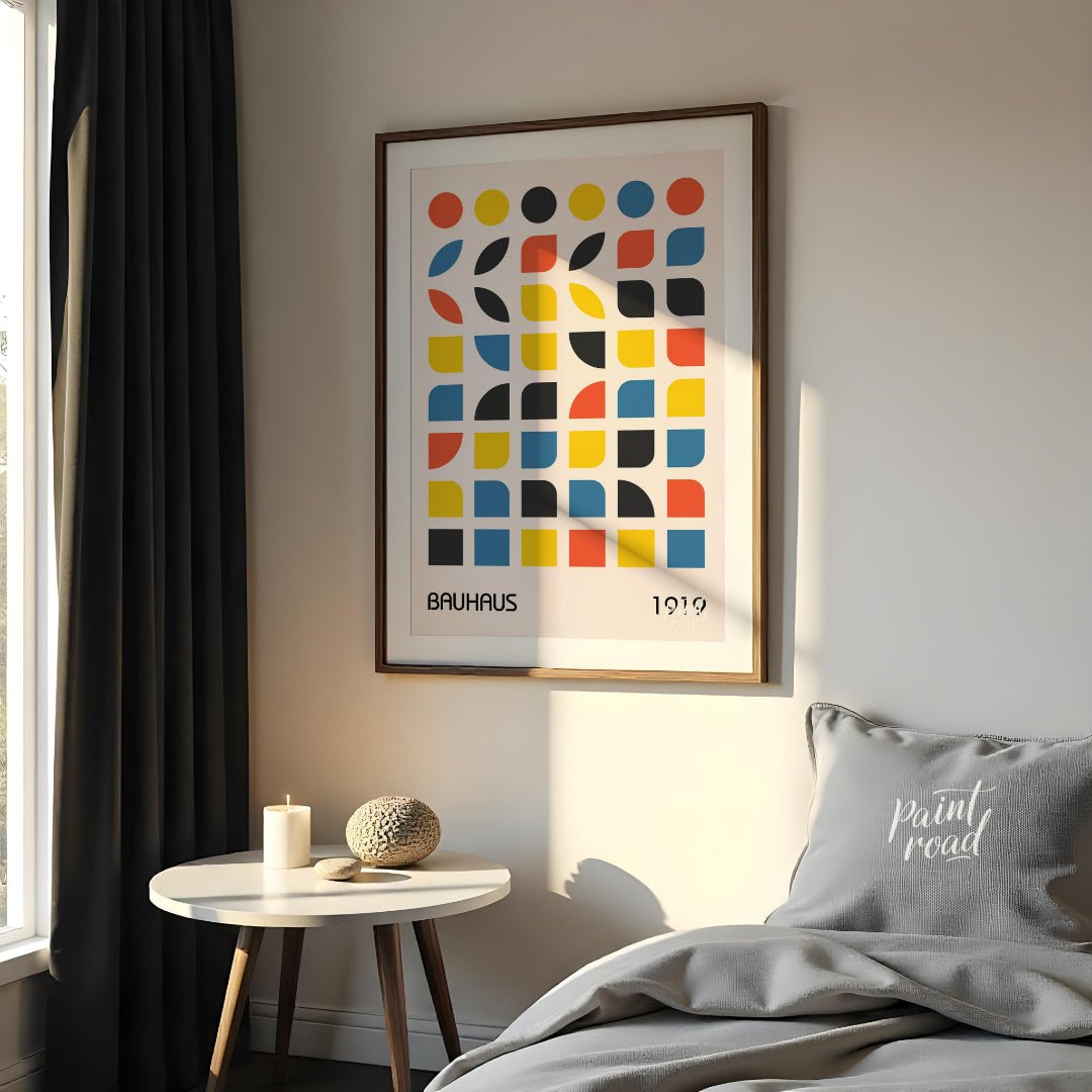 This vibrant digital poster, titled "Bauhaus 1919 Geometric Shapes Poster," is a brilliant embodime… for bedroom