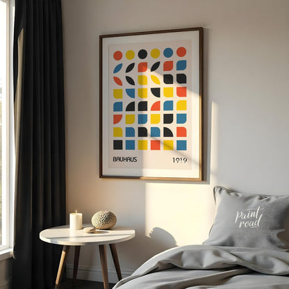 This vibrant digital poster, titled "Bauhaus 1919 Geometric Shapes Poster," is a brilliant embodime… for bedroom