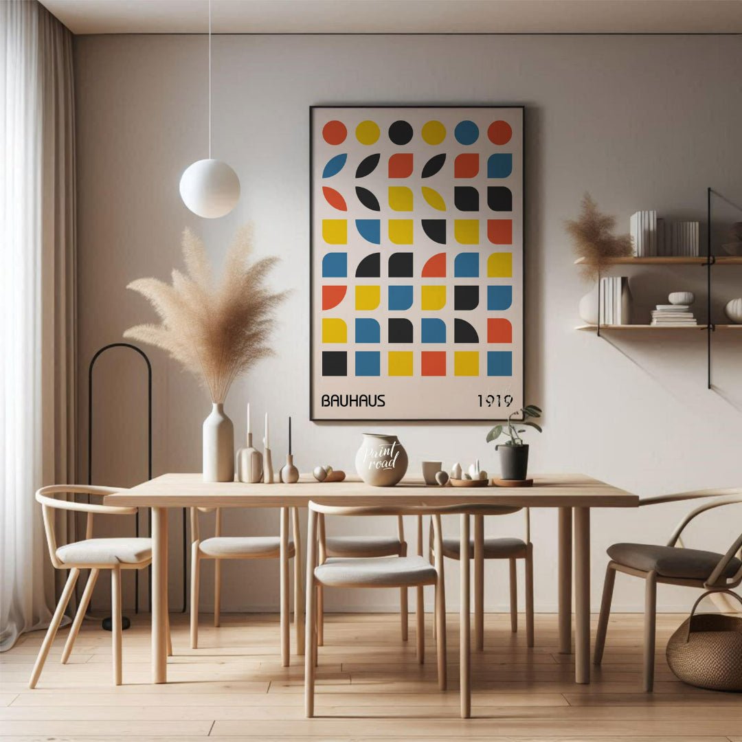 This vibrant digital poster, titled "Bauhaus 1919 Geometric Shapes Poster," is a brilliant embodime… for dining room
