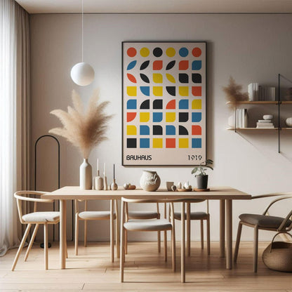 This vibrant digital poster, titled "Bauhaus 1919 Geometric Shapes Poster," is a brilliant embodime… for dining room
