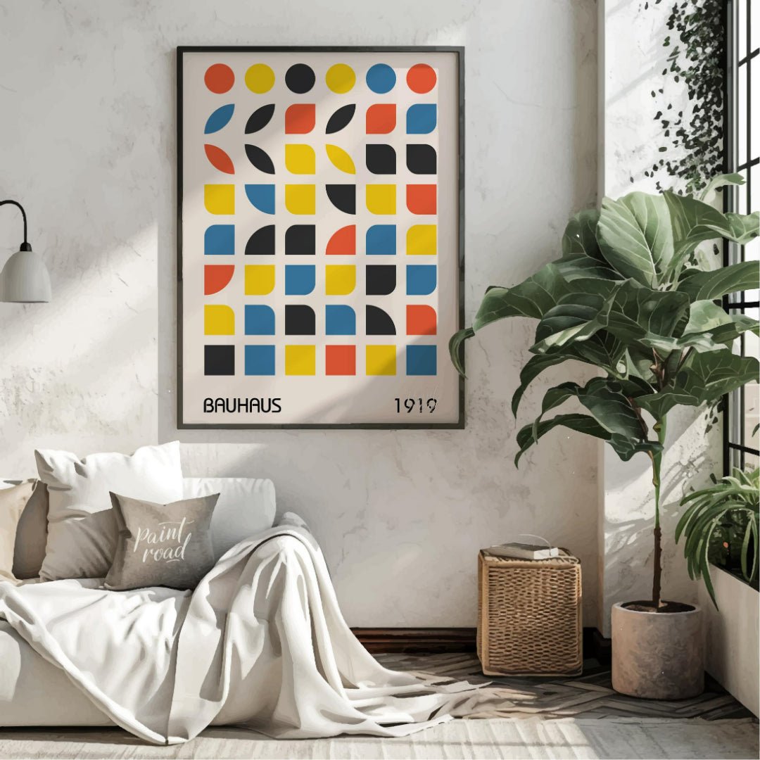 This vibrant digital poster, titled "Bauhaus 1919 Geometric Shapes Poster," is a brilliant embodime… for living room