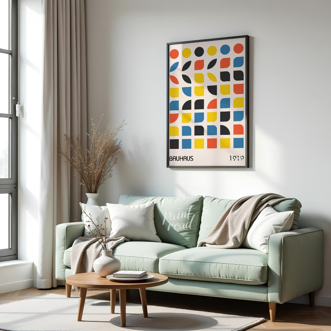 This vibrant digital poster, titled "Bauhaus 1919 Geometric Shapes Poster," is a brilliant embodime… for living room