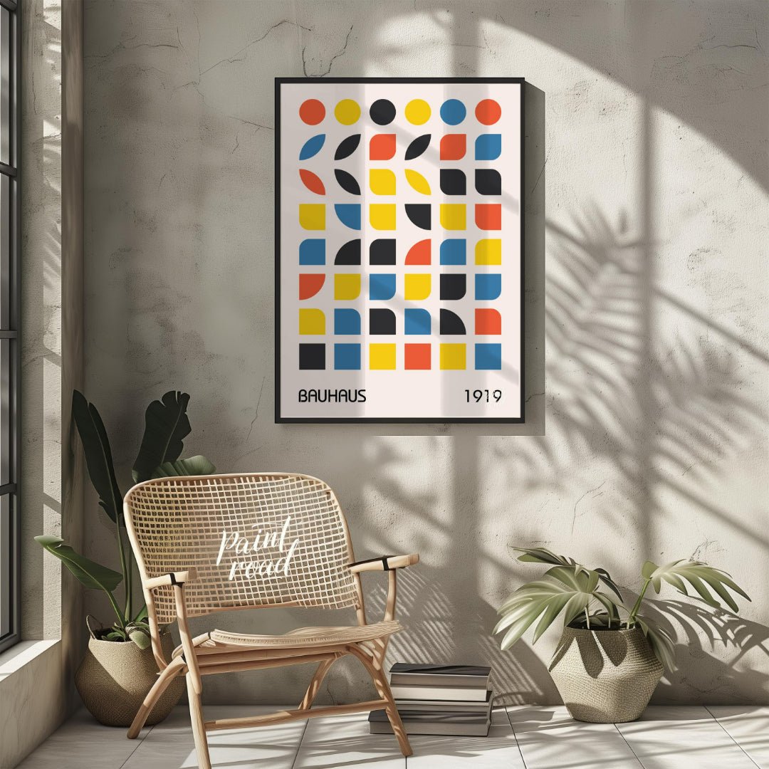 This vibrant digital poster, titled "Bauhaus 1919 Geometric Shapes Poster," is a brilliant embodime… for living room