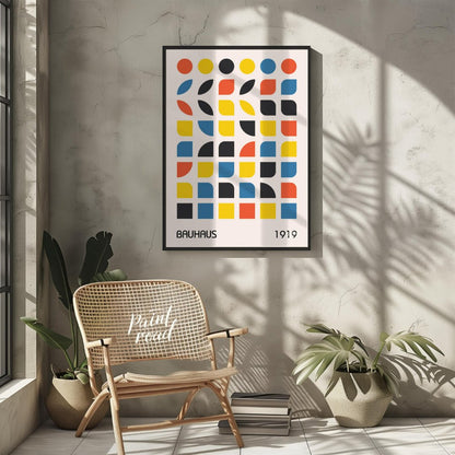 This vibrant digital poster, titled "Bauhaus 1919 Geometric Shapes Poster," is a brilliant embodime… for living room