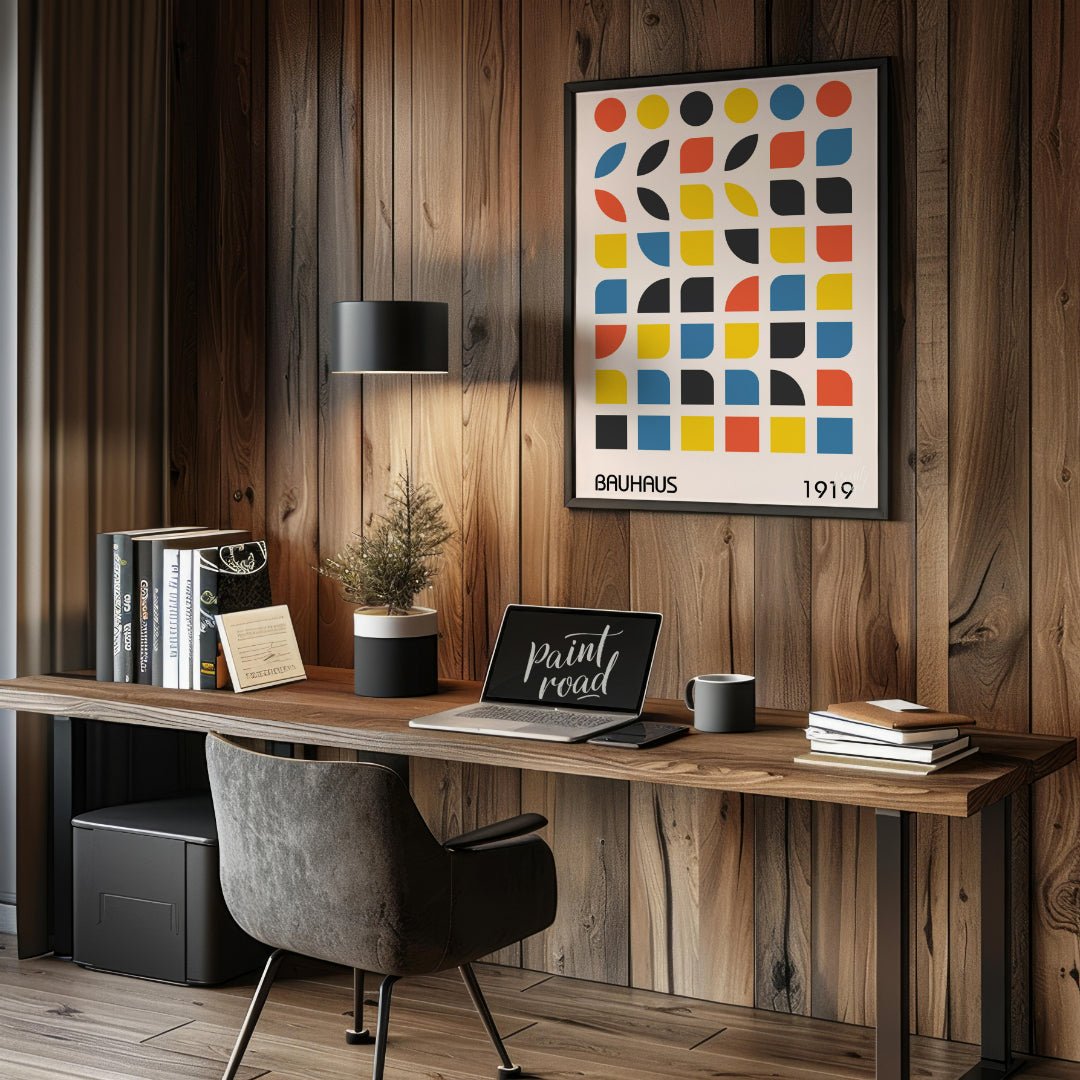 This vibrant digital poster, titled "Bauhaus 1919 Geometric Shapes Poster," is a brilliant embodime… for office