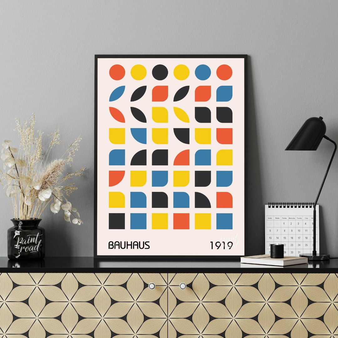 This vibrant digital poster, titled "Bauhaus 1919 Geometric Shapes Poster," is a brilliant embodime… for office