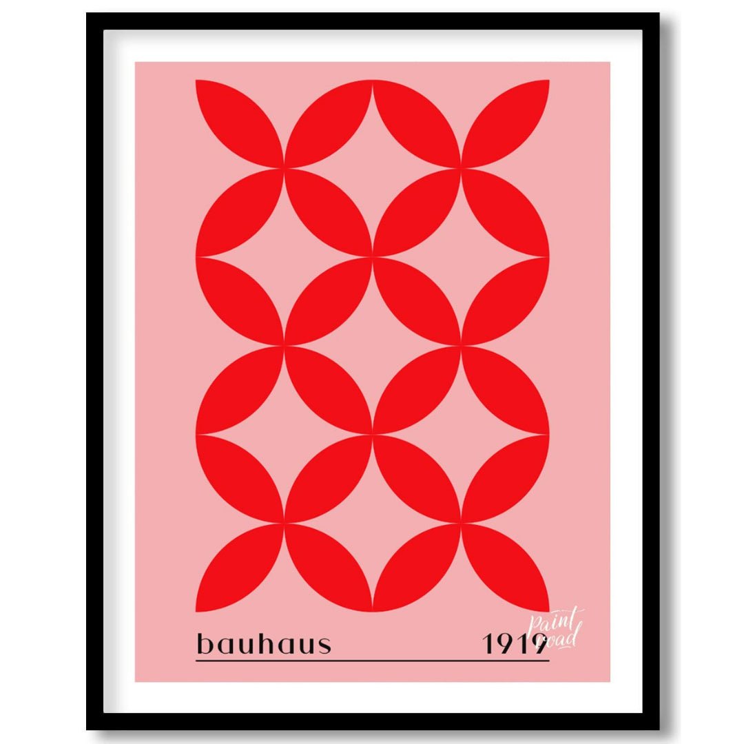 This Bauhaus-inspired print features a striking repeating pattern of interconnected red petal-like … for abode