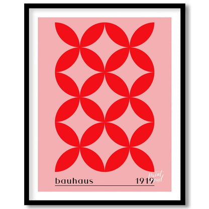This Bauhaus-inspired print features a striking repeating pattern of interconnected red petal-like … for abode