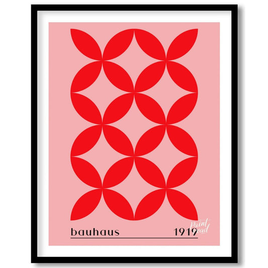 This Bauhaus-inspired print features a striking repeating pattern of interconnected red petal-like … for abode