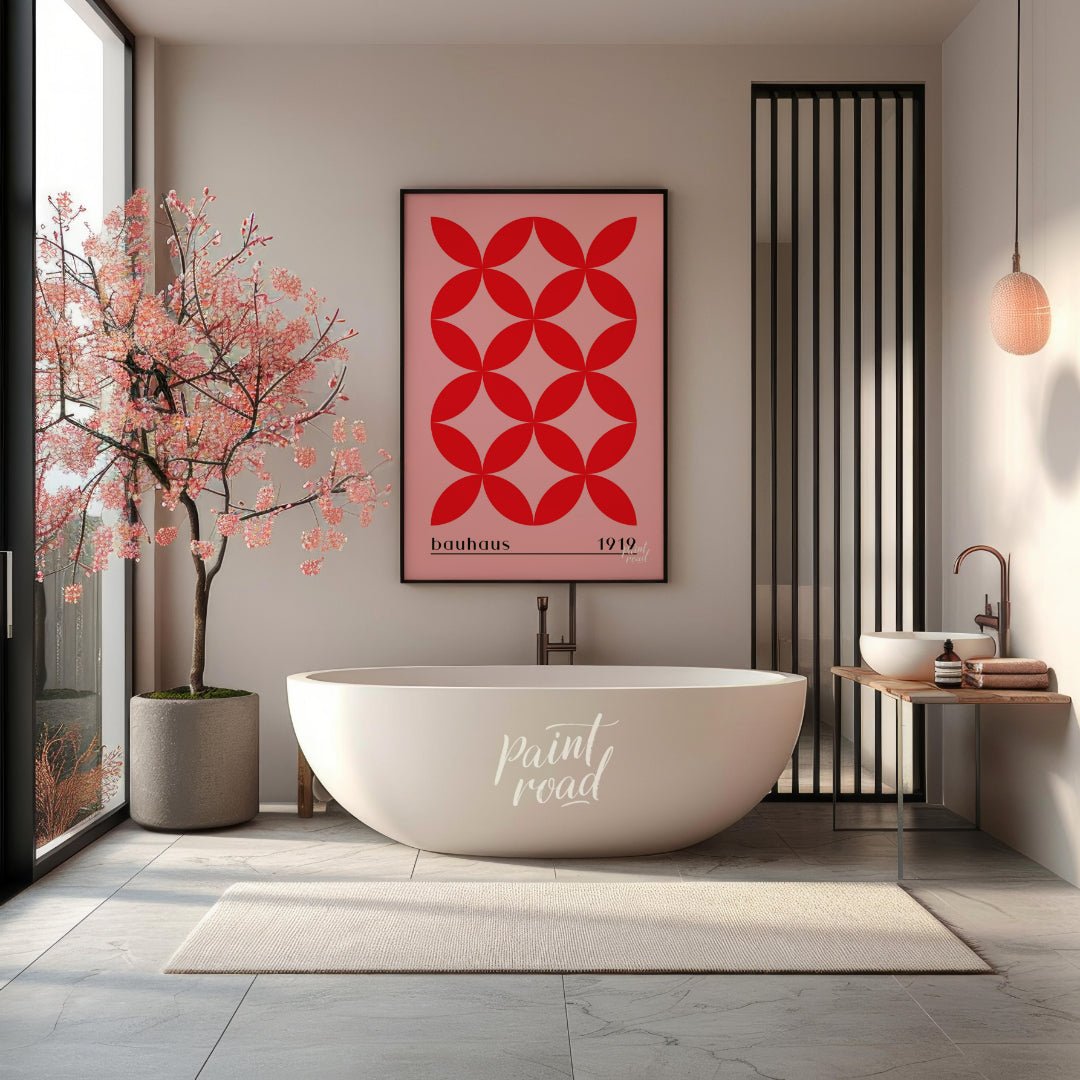 This Bauhaus-inspired print features a striking repeating pattern of interconnected red petal-like … for bathroom
