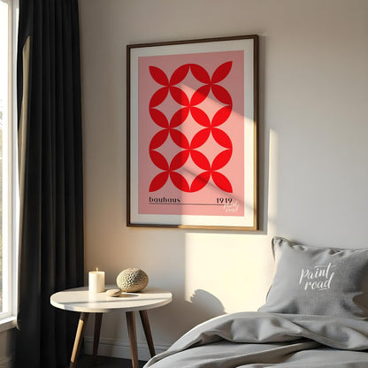 This Bauhaus-inspired print features a striking repeating pattern of interconnected red petal-like … for bedroom